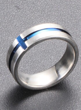 新款厂家 欧美ins简约蓝色滴胶间蓝十字架戒指钛钢情侣戒指指环女