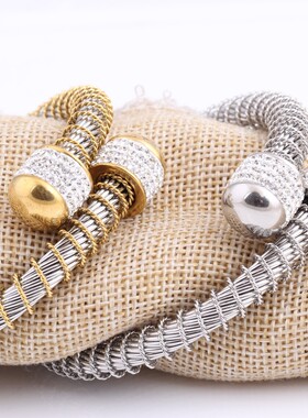 新款亚马逊热卖欧美时尚弹簧钢丝手镯间金镶钻不锈钢网链手环