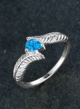 新款跨境个性复古风金色水滴三爪白澳宝羽毛女式百搭戒指