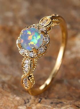 新款跨境圆形四爪澳宝戒指花朵蕾丝花边 女 百搭 戒指