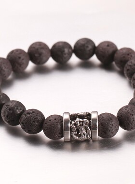 新款跨境天然火山石饰品礼物文玩手串珠子不锈钢复古做旧手链