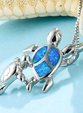 新款 ins风 爆款澳宝蓝色两只乌龟项链吊坠饰品镶进口欧泊