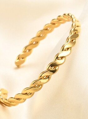 新款跨境欧美时尚百搭小众简约C形6MM手镯可调节麻花形状开口手环