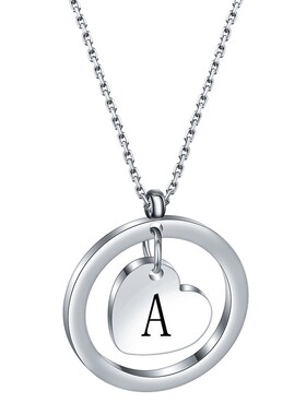 新款304不锈钢26字母圆形镂空爱心首字母项链名字刻字情侣礼物项