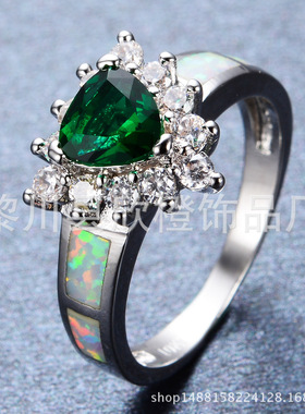 白金欧泊祖母绿锆石现货戒指
