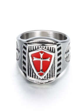 新款欧美圣殿骑士团十字军钛钢滴油十字架不锈钢戒指红黑相间钛钢