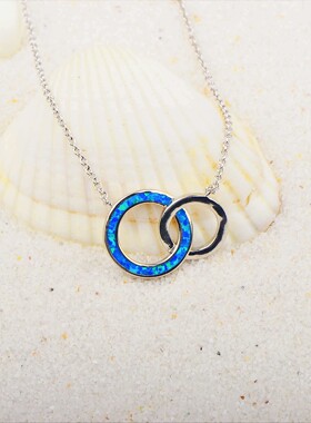 新款项链女欧美时尚饰品蓝色澳宝二环项链环形吊坠毛衣链欧珀opal