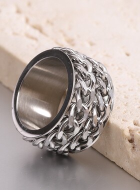 新款欧美ins街头嘻哈Rap朋克双排复古锁链钛钢不锈钢男士食指戒指