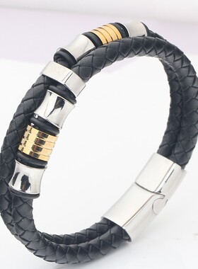 新款厂家 欧美ins简约时尚双层编织皮革间金钛钢手链手镯百搭热卖