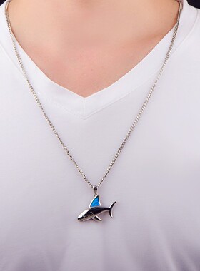 新款opal欧美时尚夏威夷蓝色澳宝鲨鱼鳍项链吊坠锁骨链毛衣链欧珀