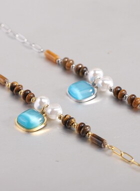 新款欧美跨境12MM时尚方形蓝宝石不锈钢手链虎眼间珍珠串珠手环礼