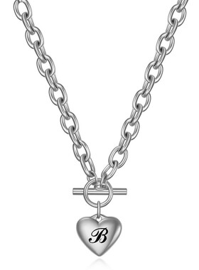 新款欧美Ins时尚不锈钢心形26字母项链简约OT钛钢吊坠锁骨链项链