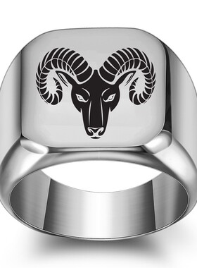 新款欧美创意牛头牛气钛钢戒指男士复古朋克方形18MM学生潮男指环