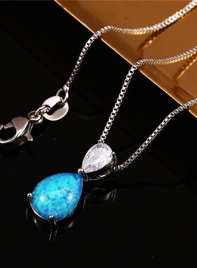 新款欧美时尚蓝色澳宝白金白钻水滴形蓝澳宝吊坠项链跨境热卖饰品