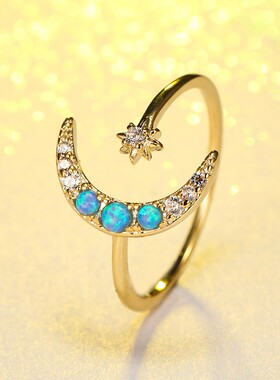 新款亚马逊ins风黄金澳宝星月开口戒指女精致设计感迷你手饰