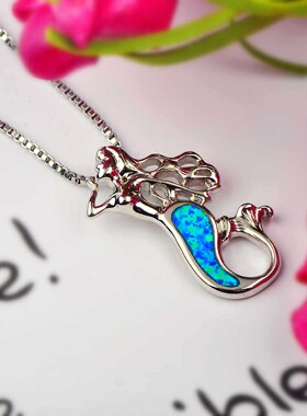 新款 ins风欧美风蓝色澳宝美人鱼项链卷发女吊坠毛衣链欧珀项链