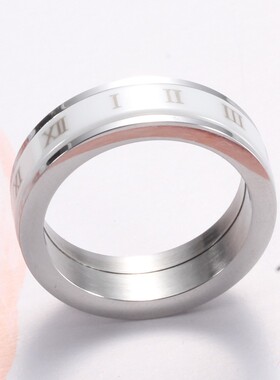 新款亚马逊欧美热卖陶瓷罗马数字个性可转动不锈钢戒指钛钢指环女