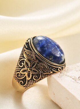 新款欧美跨境22MM不锈钢铸造花纹个性时尚复古天然石钛钢指环