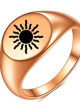 新款跨境欧美12MM圆形刻太阳18K金男女复古时尚铸造戒指指环