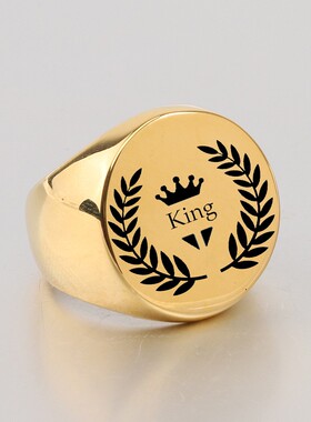 新款欧美跨境热卖圆形22MM不锈钢光面激光树叶皇冠King戒指指环女