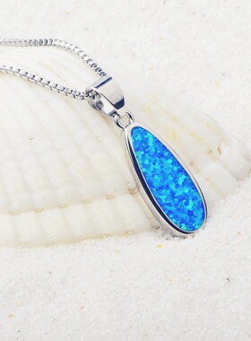 新款 ins风 爆款澳宝蓝色水滴型项链吊坠饰品镶进口欧泊