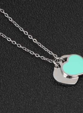 新款欧美简约时尚Forever love蓝色双层爱心项链滴油钛钢短款锁