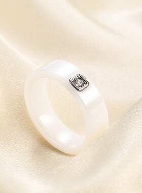 新款跨境欧美黑白陶瓷6MM单钻戒指简约时尚男女情侣镶钻对戒指环