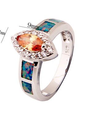 新款欧美亚马逊复古风白金10KT蓝色澳宝香槟色马眼形女式百搭戒指