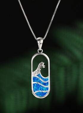 新款欧美跨境白金椭圆形蓝澳宝海浪项链百搭气质锁骨链