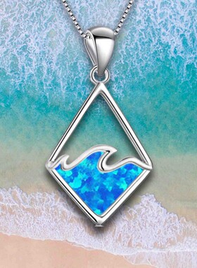 新款亚马逊爆款夏威夷海滩蓝色澳宝波浪项链海浪吊坠毛衣链欧珀项