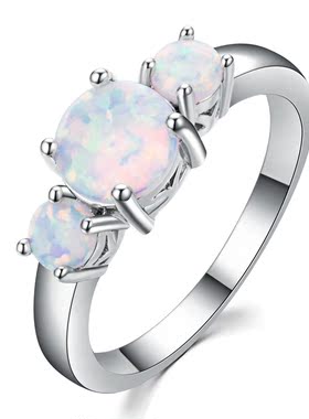 新款亚马逊 白金3颗澳宝女士戒指 时尚简约