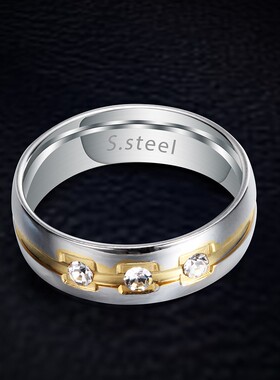 新款欧美跨境热卖时尚6MM个性镶钻金银双色电镀304不锈钢戒指指环