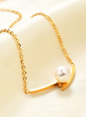 新款欧美跨境简约个性时尚钛钢锁骨链轻奢不规则交叉珍珠项链