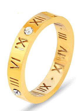 新款厂家 欧美时尚简约4MM镂空古罗马数字镶钻不锈钢戒指指环饰品