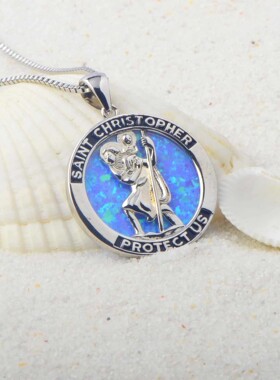 新款 ins风 爆款澳宝蓝色圣母吊坠项链吊坠饰品镶进口欧泊