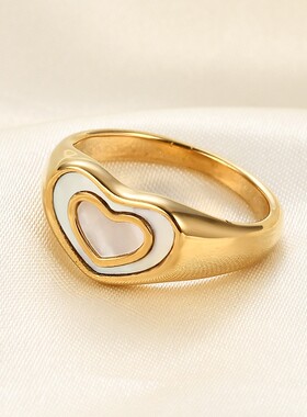 新款欧美ins跨境热卖网红同款不锈钢镶贝壳双心爱心钛钢女士戒指