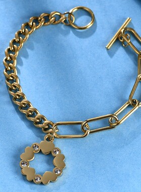 新款欧美跨境18K金OT钛钢手链不锈钢男圆形星星镂空镶钻个性手链