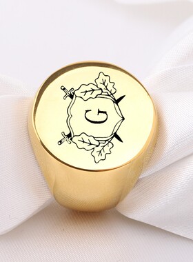 新款欧美跨境热卖22MM圆形复古激光双剑树叶字母钛钢戒指不锈钢女