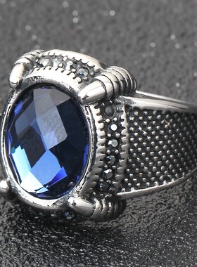 新款欧美亚马逊热卖18MM创意法式复古宫廷蓝宝石大扳指316L不锈钢