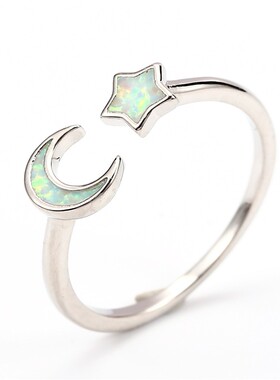 新款亚马逊 白金白澳宝星星月亮开口戒指女 时尚复古