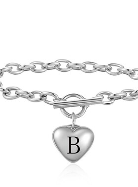 新款欧美跨境时尚简约不锈钢26个字母爱心钛钢吊坠OT扣手链可激光