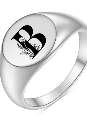 新款欧美跨境不锈钢12MM圆形指环简约26英文字母玫瑰花个性铸造戒