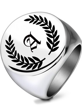 新款厂家不锈钢26个性英文字母树叶戒指 圆形光面钛钢复古男指环