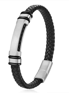 新款欧美跨境亚马逊11MM简约男士编织皮手链可激光刻字不锈钢手链