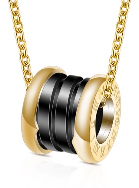 新款亚马逊欧美热卖圆形镂空罗马数字黑白陶瓷不锈钢项链百搭