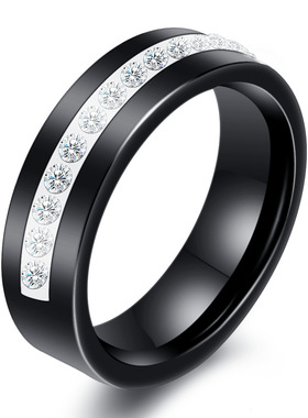 黑白单排镶钻太空现货陶瓷戒指