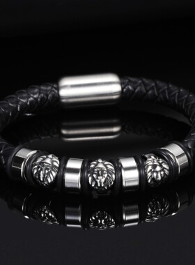 新款欧美9MM复古朋克风手链狮子头皮革编制手链个性简约情侣手链