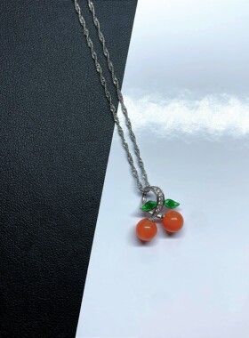新款通体S925纯银天然南红项链网红轻奢绿树叶幸运镶钻红樱桃吊坠