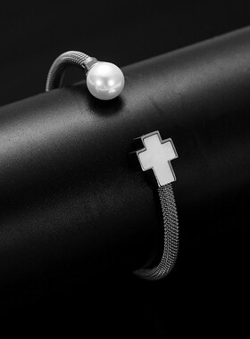 新款欧美个性简约珍珠十字架电缆线不锈钢304手镯 情人节七夕礼物