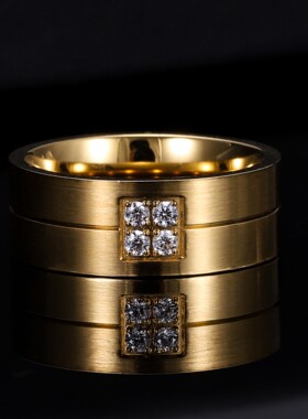 新款厂家 欧美个性简约18K金对称镶锆时尚男女情侣对戒不锈钢戒指